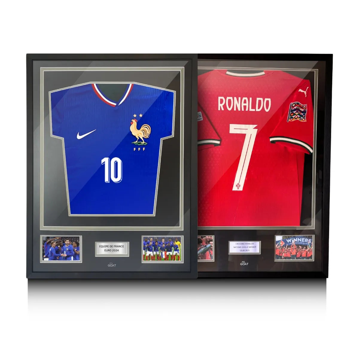 Deux maillots de foot encadrés — modèles Standard et Sleeves My Goat